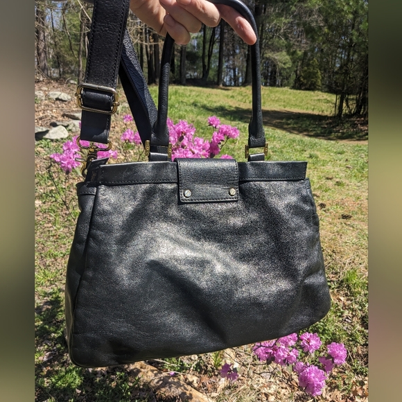 Tory Burch Black Leather Holland Satchel Shoulder Bag w/ Adjustable Strap - Picture 2 of 11